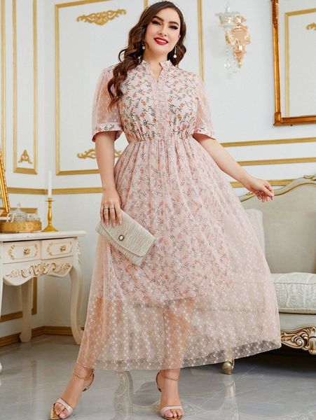 

plus floral print contrast lace puff sleeve notched neck dress y9e3#, Black