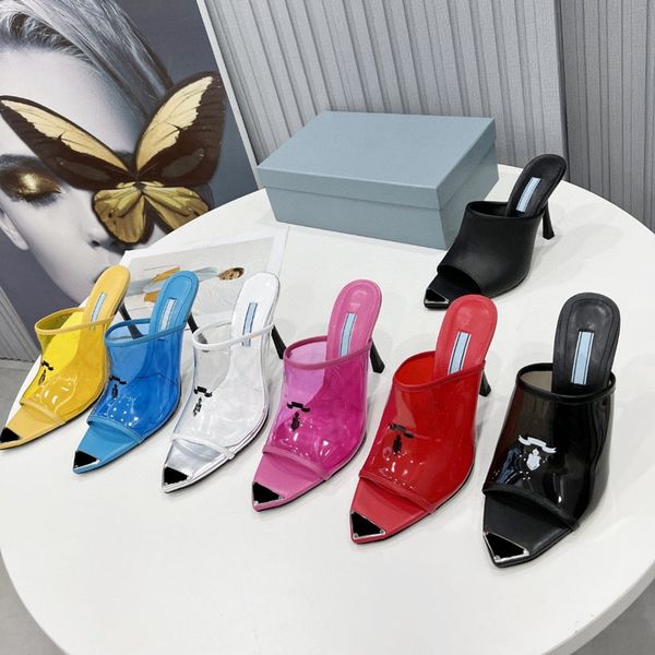 2022 Дизайнерские женские сандалии высокие каблуки мулы Slipers Slides модные топ заостренные прозрачные кожа