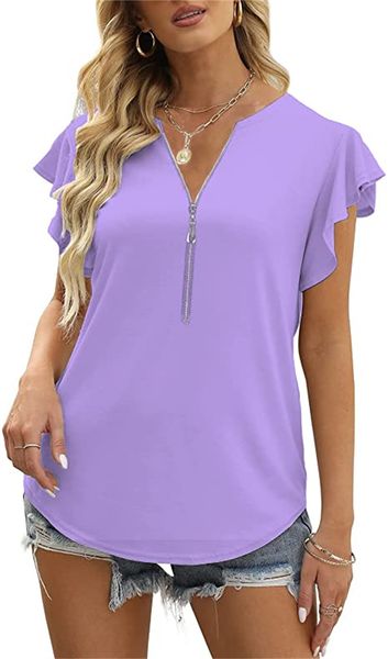

& tees 2022 womens v neck zip up fashion dressy casual blouses ruffle short sleeve shirts, White