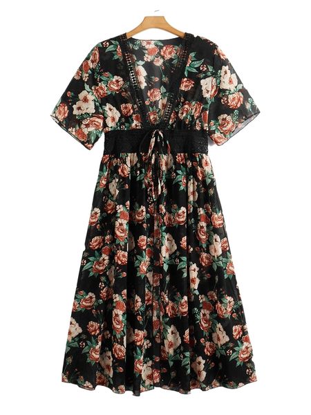 

plus floral contrast lace tie front kimono j2kd#, Black;gray