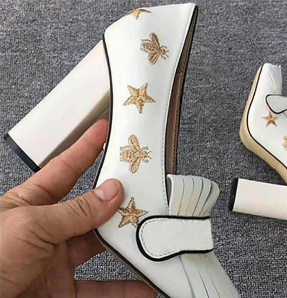 

high heels pump sandals embroidered designer leather bee and star fringe pmps double tone hardware heel 5cm, Black