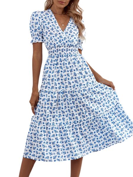 

floral print ruffle hem shirred a-line dress t5mg#, Black;gray