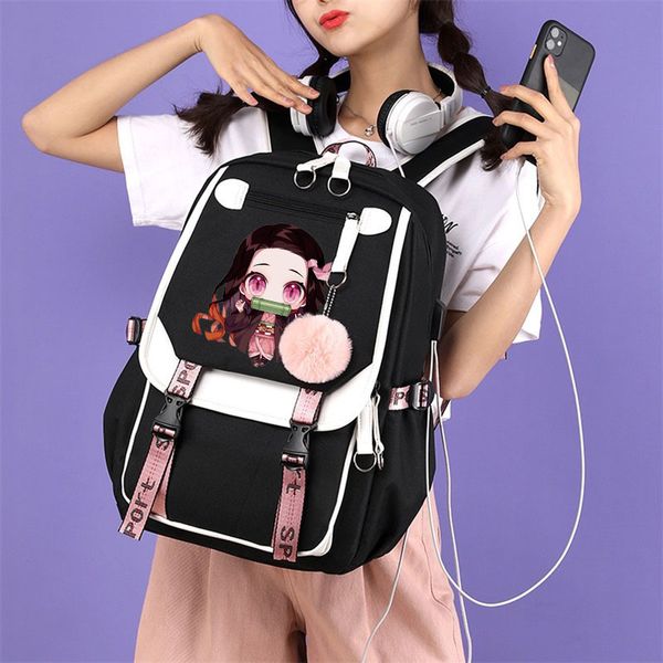 Anime Backpack Demon Slayer Nezuko Kawaii Cartoon School School para adultos Manga de grande capacidade para viajar para meninas diárias bookbags 220817