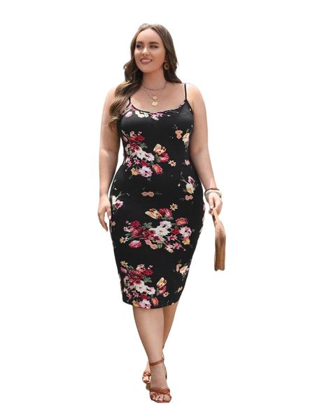

plus floral print split back cami bodycon dress a4dk#, Black