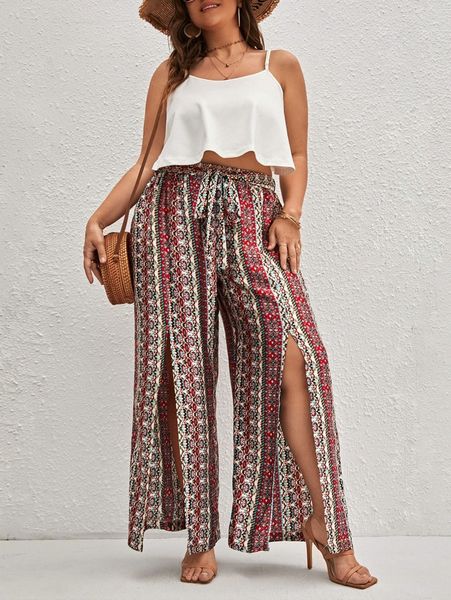 

plus solid cami & ditsy floral tie front split thigh wide leg pants t9bv#, Black