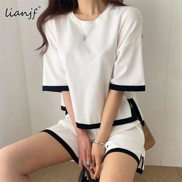 

korean style tracksuit knitted suit summer short trousershort sleeve oneck pullover shirt fashion shorts suit women tracksuits 220705, White