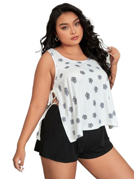 

plus floral print split knot side pj set h7j7#, Black;white