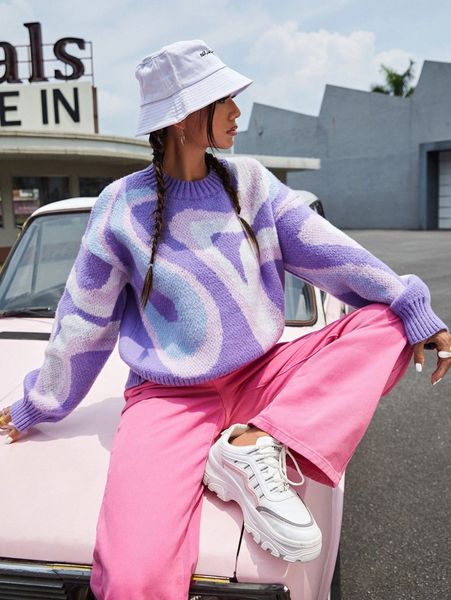 

graphic pattern drop shoulder sweater 45os#, White;black