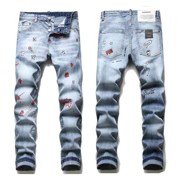 

men's jeans fashion brand dsq light color elastic printed jeans men's slim fit leggings washed korean pants 9gze, Blue