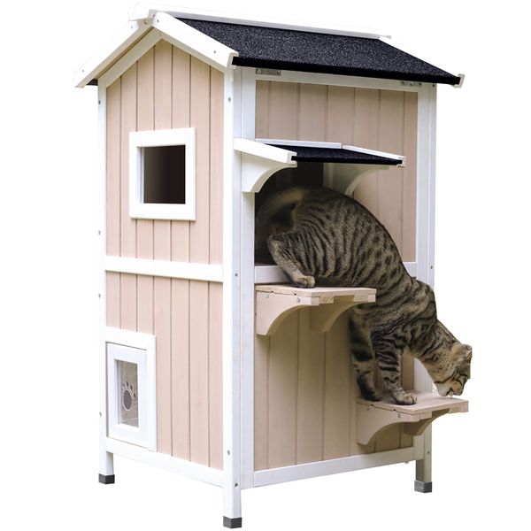 

water-proof 2-story feral cat crates shelter outdoor wooden small pet animal home with asphalt roof escape doors cat house