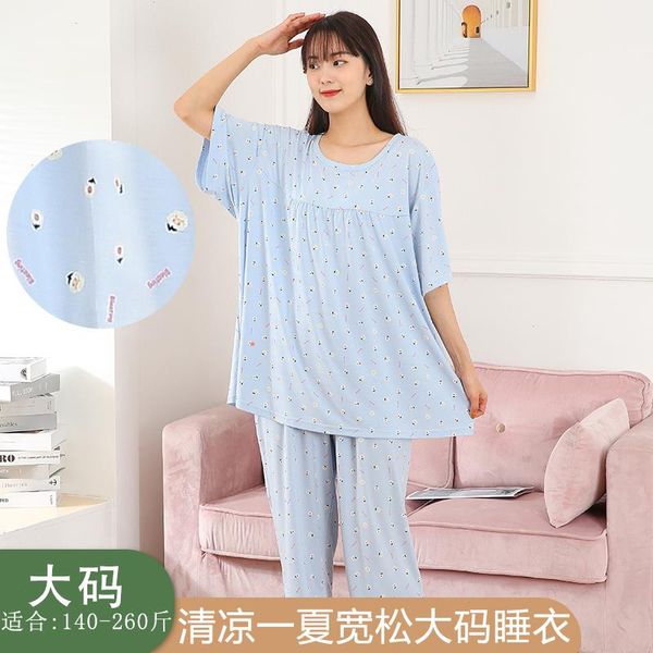 

summer 100 womens sleepwear cotton women pajamas set loose fat guy pajama short sleeve floral female iddle-age homewear, Black;red