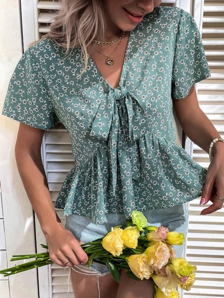 

ditsy floral knot front peplum blouse s2hz#, White