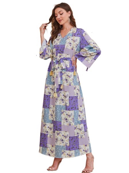 

1pc floral & patchwork print tassel detail belted dress y9ij#, Black;gray
