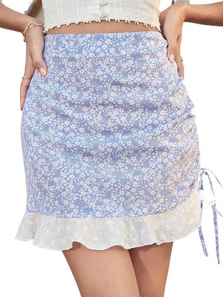 

ditsy floral drawstring ruched schiffy hem skirt l5zn#, Black
