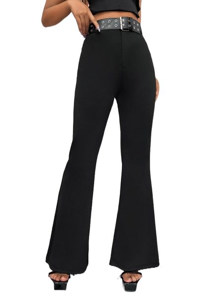 

solid high waist flare leg belted pants c4ke#, Black;white