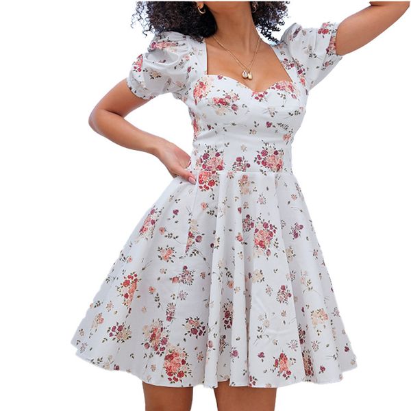 

casual dresses southpire bohe flower print white dress women 's short puff sleeve zipper mini sundress elegant summer ladies clothing, Black;gray