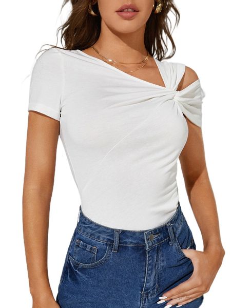 

twist asymmetrical neck solid tee e4t7#, White