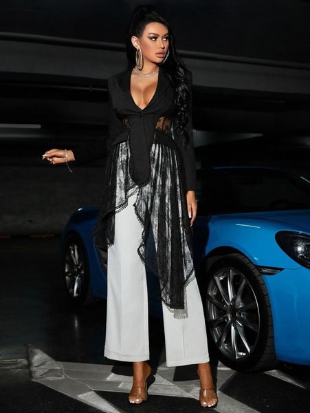 

sxy contrast mesh asymmetrical hem blazer b41i#, White