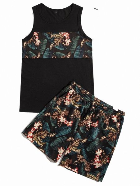 

men tropical print tank & drawstring waist shorts m2ri#, Gray