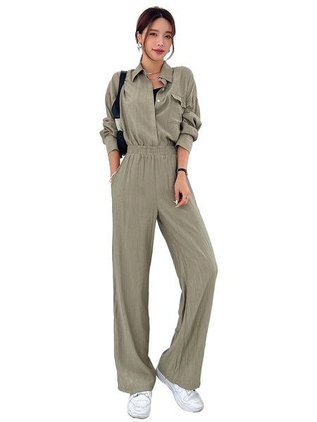 

dazy solid button front flap pocket shirt & pants b5kv#, White