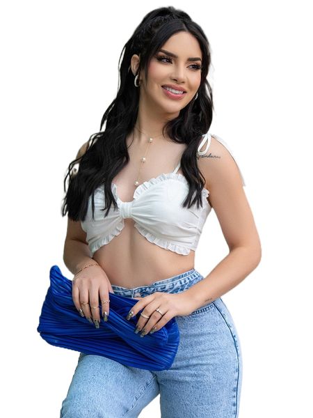 

sxy x kimberly loaiza frill trim knot shoulder tie back crop cami c5o2#, White