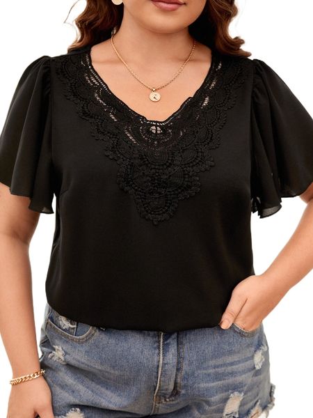 

plus guipure lace panel butterfly sleeve blouse u8n2#, Black