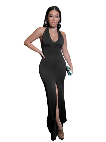 

sxy tie backless split thigh maxi halter dress q52l#, Black;gray