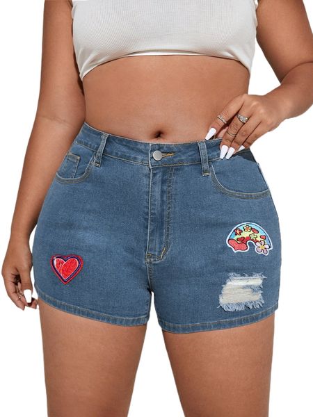 

plus heart print ripped denim shorts 36yg#, White;black