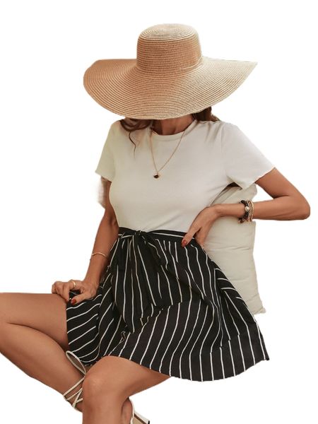 

striped panel belted a-line dress i0vy#, Black;gray