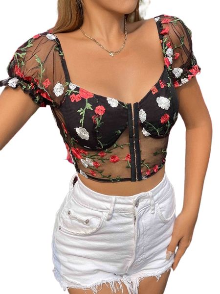 

floral embroidery mesh puff sleeve crop without bra h5gz#, White