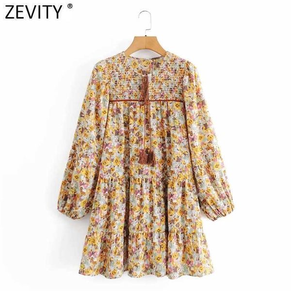 

zevity women fashion elastic pleats floral printing casual straight mini dress female chic o neck bow tied summer vestido ds8129 210603, Black;gray