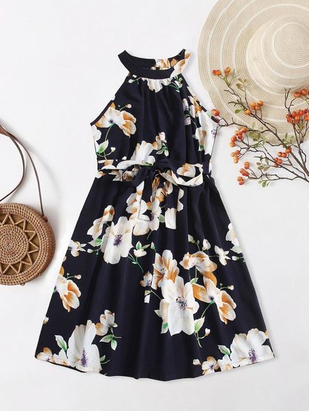 

1pc floral print halter neck belted chiffon dress r3bp#, Black;gray