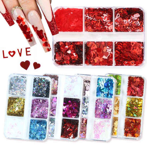 

6 grids holographic nail art glitter sequins laser butterfly star heart paillette flakes diy manicure 3d nail decorations tools y220408, Black