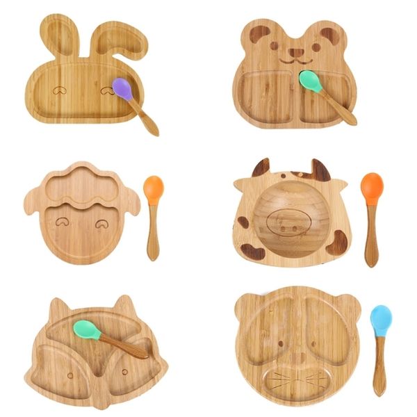 

baby natural bamboo bowl spoon set cartoon animal divided dinner plate infants learning feeding dish born children tableware 220512