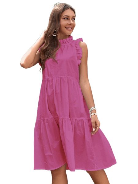 

solid ruffle trim smock dress j7ai#, Black;gray