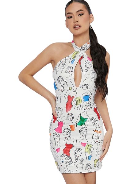 

figure graphic cut out tie backless halter bodycon dress l7yp#, Black;gray