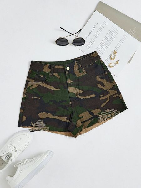 

camo print ripped shorts a3do#, White;black