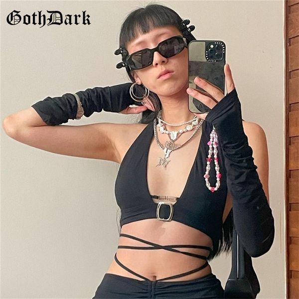 Goth Dark Punk Y2K Black Sexy Halter Top's Gothic Bantage Cyber ​​Crop Top с рукавами перчатки металлическая пряжка без спины 220519