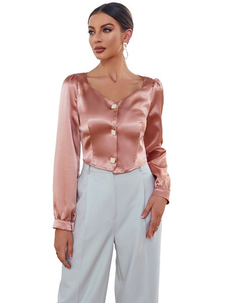 

sweetheart neck puff sleeve satin blouse q2d9#, White
