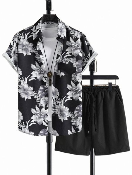 

men tropical print shirt & drawstring waist shorts without tee t5tk#, Gray