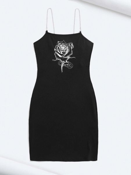 

x cassi walsh rose print rhinestone chain strap cami dress l6v0#, Black;gray