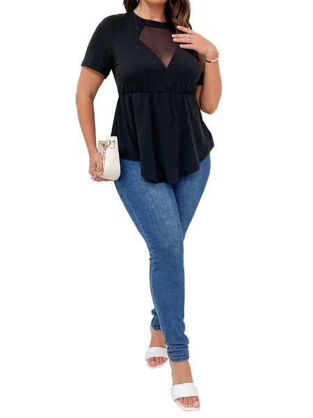 

plus mesh panel peplum tee r0kj#, Black