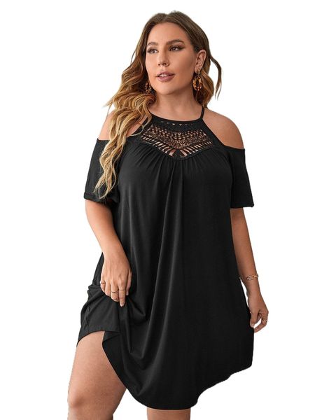 

plus cold shoulder lace yoke dress l0yx#, Black