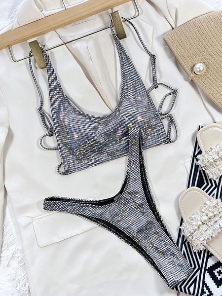 

checkered bright silver bikinis set brazilian swimwear women push up swimsuit female beachwear 2022 bathing suit designer biquini, White;black
