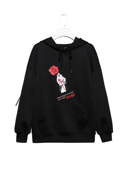 

x maritzellm slogan & rose flower print pouch pocket drawstring hoodie 23rd#, Black