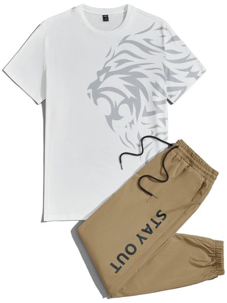 

men lion print tee & letter graphic drawstring waist pants set i7mg#, Gray