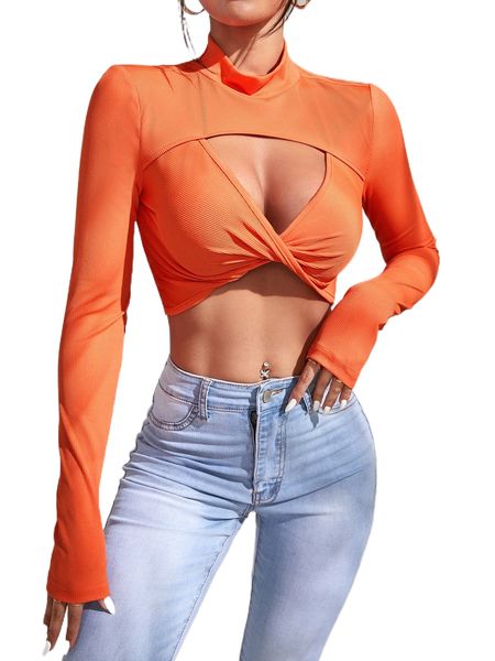 

cut out twist front mock neck crop tee s7r6#, White