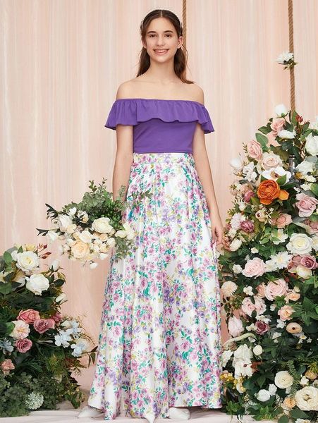 

teen girls off shoulder ruffle trim & floral print skirt she, White