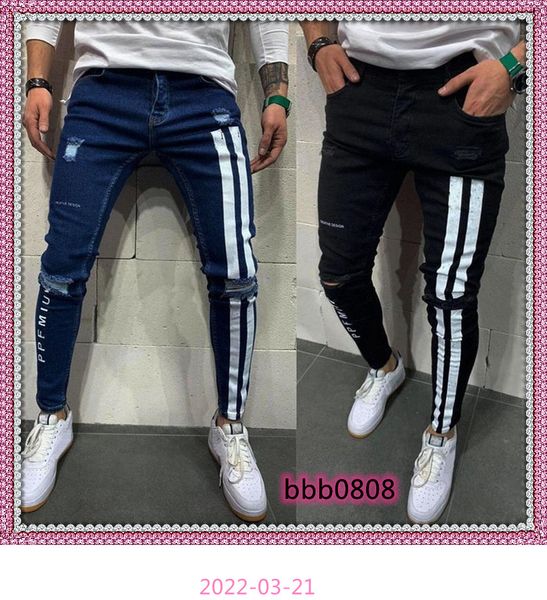 

men skinny denim biker jeans side striped mens ripped pants destroyed hole scratched zipper slim fit jean trousers, Blue