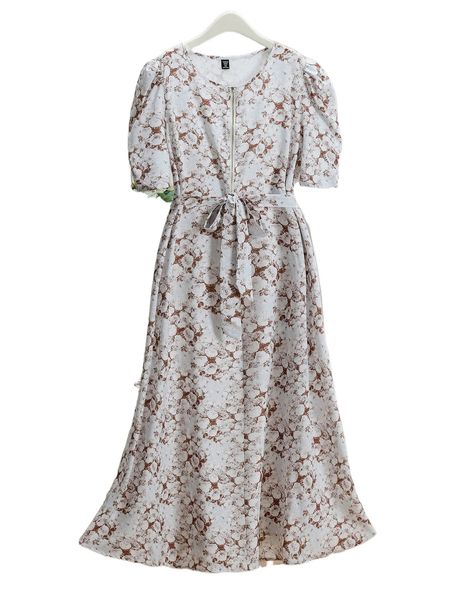 

plus floral print puff sleeve zipper front belted dress d2qe#, Black